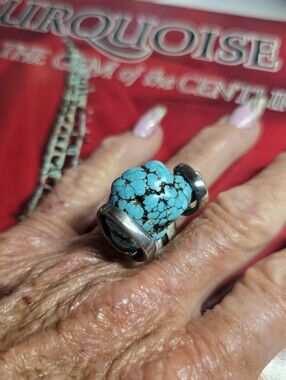 Vintage Artisan Turquoise Statement Ring  Silver Fork Band NWOT Size 7.5